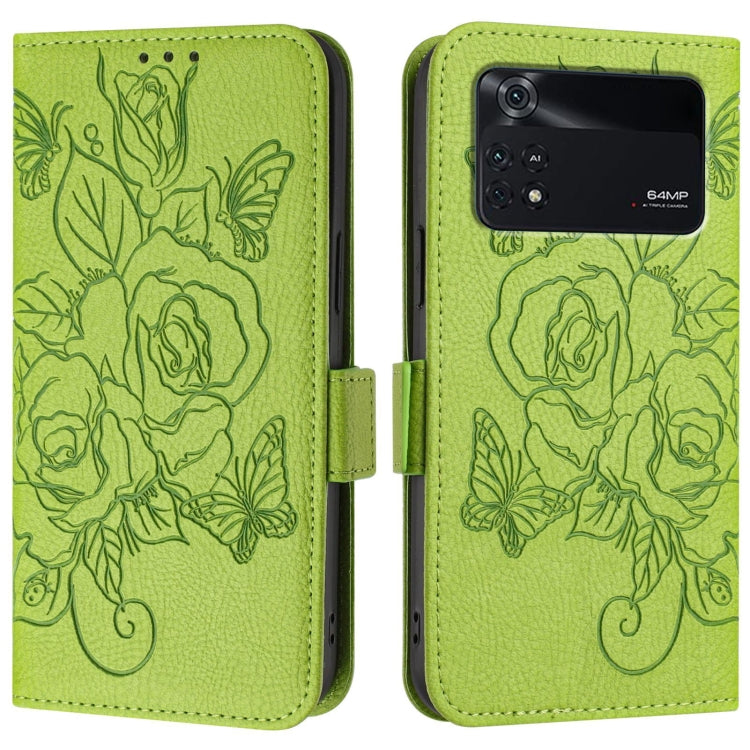 For Xiaomi Poco M4 Pro 4G Embossed Rose RFID Anti-theft Leather Phone Case