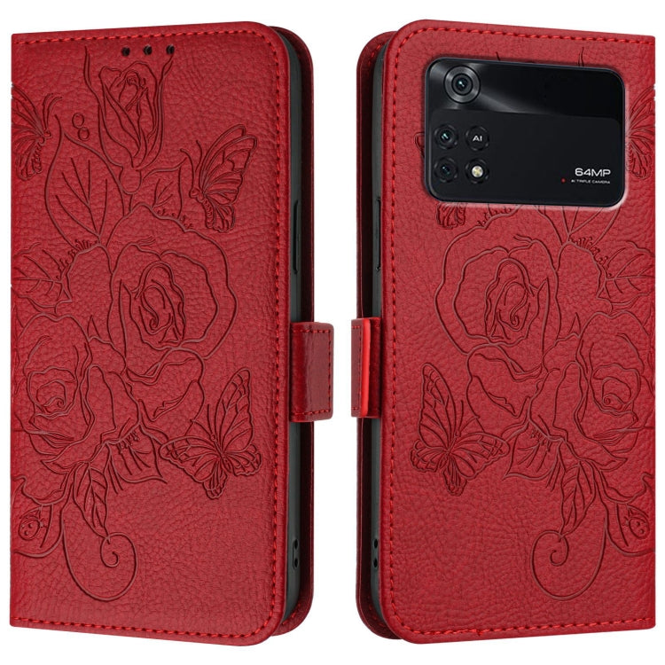 For Xiaomi Poco M4 Pro 4G Embossed Rose RFID Anti-theft Leather Phone Case