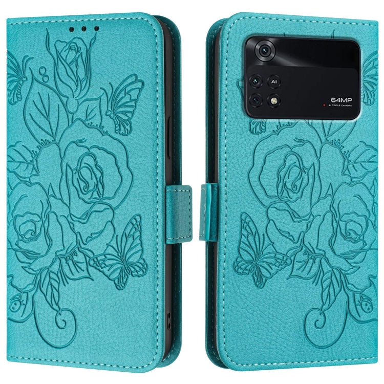 For Xiaomi Poco M4 Pro 4G Embossed Rose RFID Anti-theft Leather Phone Case
