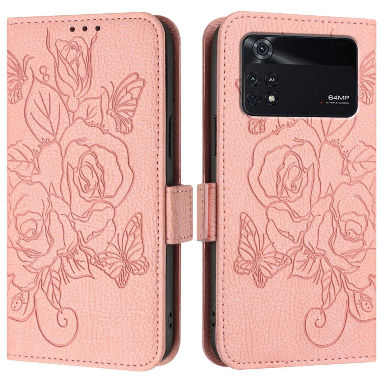 For Xiaomi Poco M4 Pro 4G Embossed Rose RFID Anti-theft Leather Phone Case