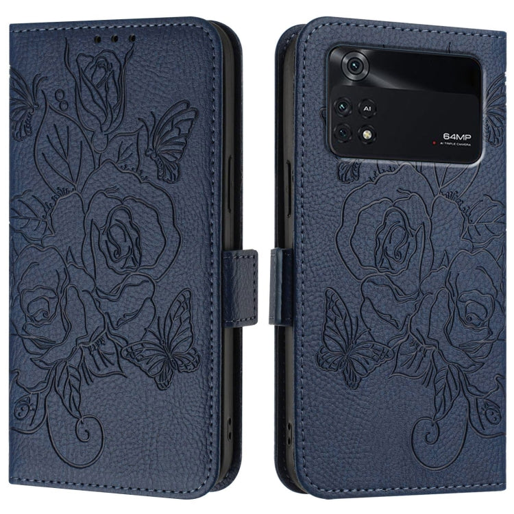 For Xiaomi Poco M4 Pro 4G Embossed Rose RFID Anti-theft Leather Phone Case