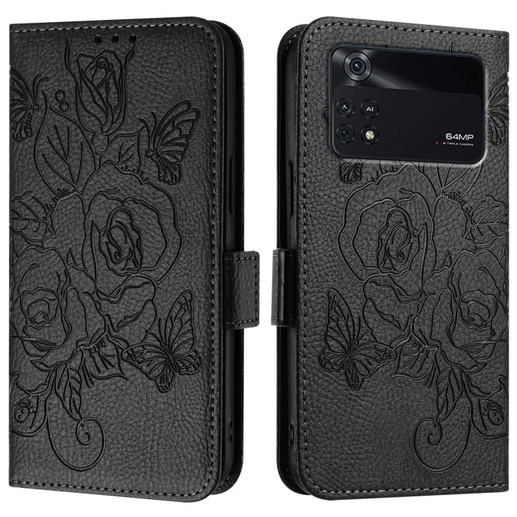 For Xiaomi Poco M4 Pro 4G Embossed Rose RFID Anti-theft Leather Phone Case