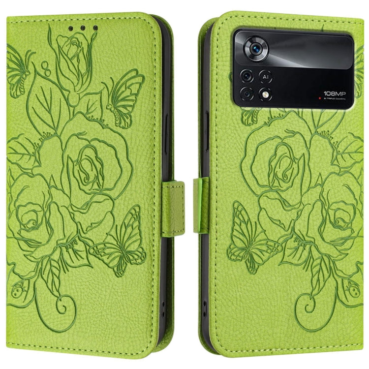 For Xiaomi Poco X4 Pro 5G Embossed Rose RFID Anti-theft Leather Phone Case