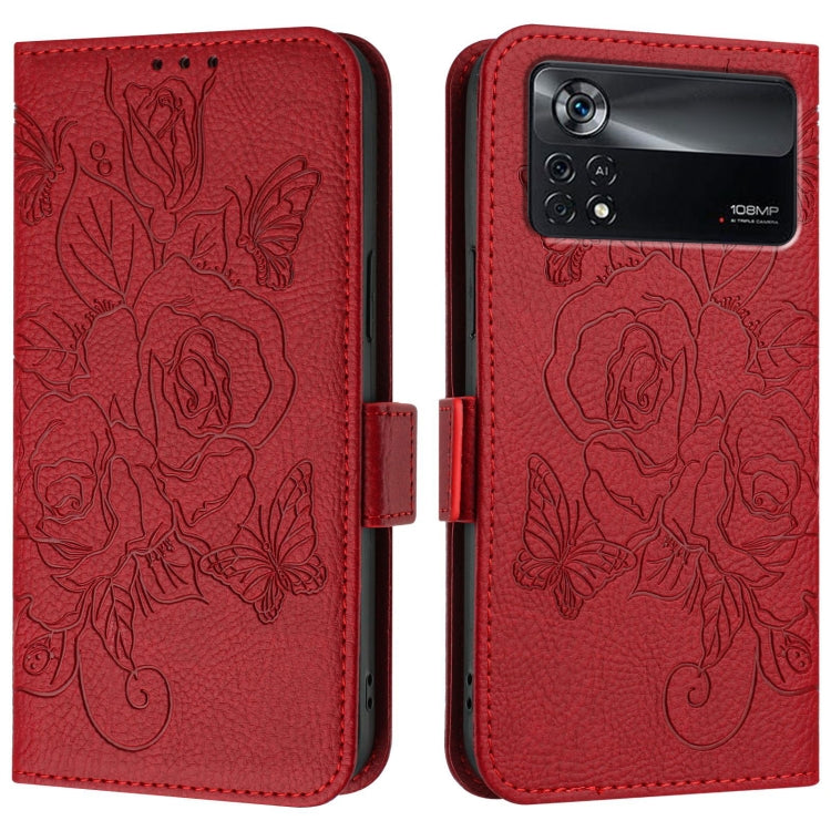 For Xiaomi Poco X4 Pro 5G Embossed Rose RFID Anti-theft Leather Phone Case
