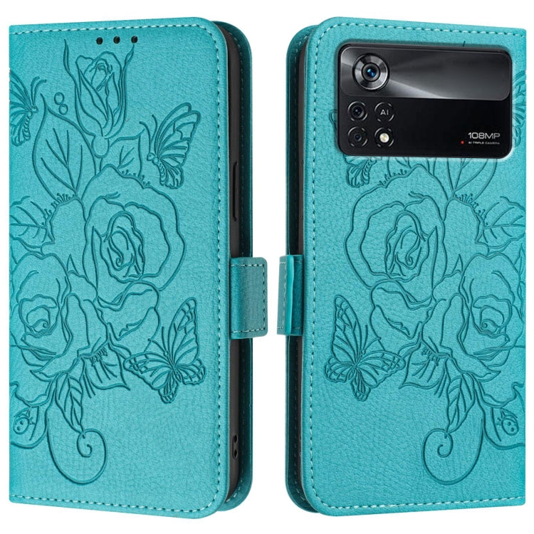 For Xiaomi Poco X4 Pro 5G Embossed Rose RFID Anti-theft Leather Phone Case