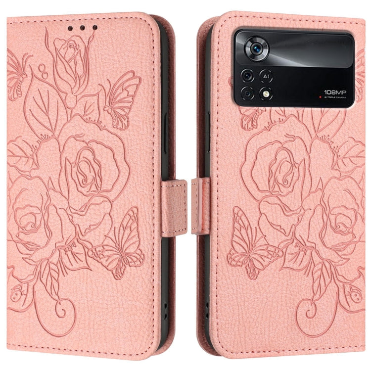 For Xiaomi Poco X4 Pro 5G Embossed Rose RFID Anti-theft Leather Phone Case