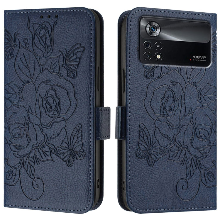 For Xiaomi Poco X4 Pro 5G Embossed Rose RFID Anti-theft Leather Phone Case