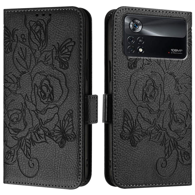 For Xiaomi Poco X4 Pro 5G Embossed Rose RFID Anti-theft Leather Phone Case