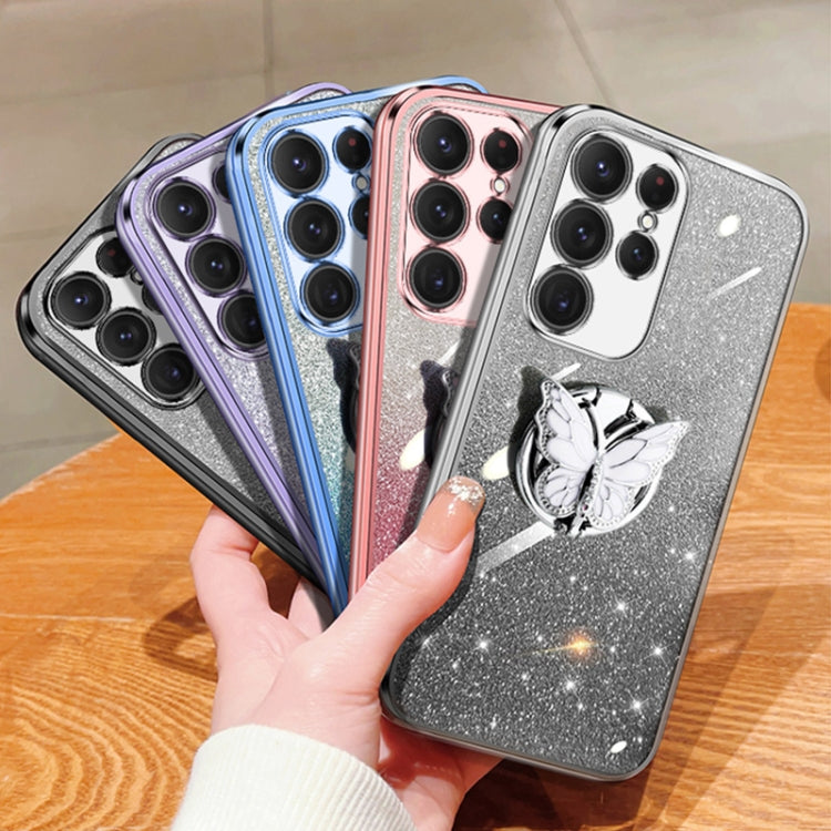 For Samsung Galaxy S23 Ultra 5G Plated Gradient Glitter Butterfly Holder TPU Phone Case