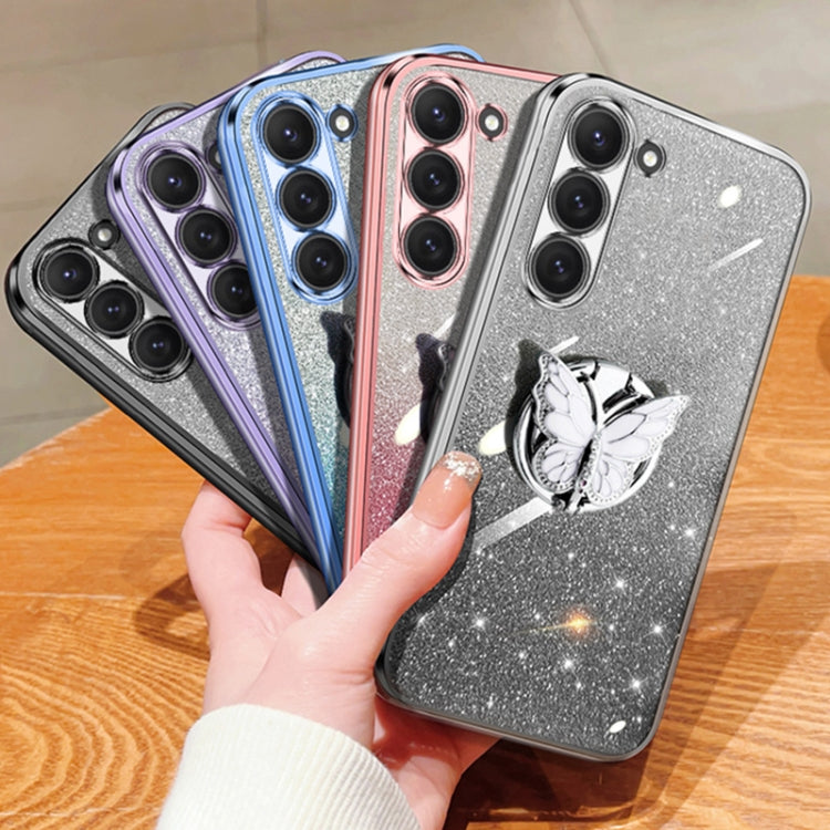 For Samsung Galaxy S23 5G Plated Gradient Glitter Butterfly Holder TPU Phone Case