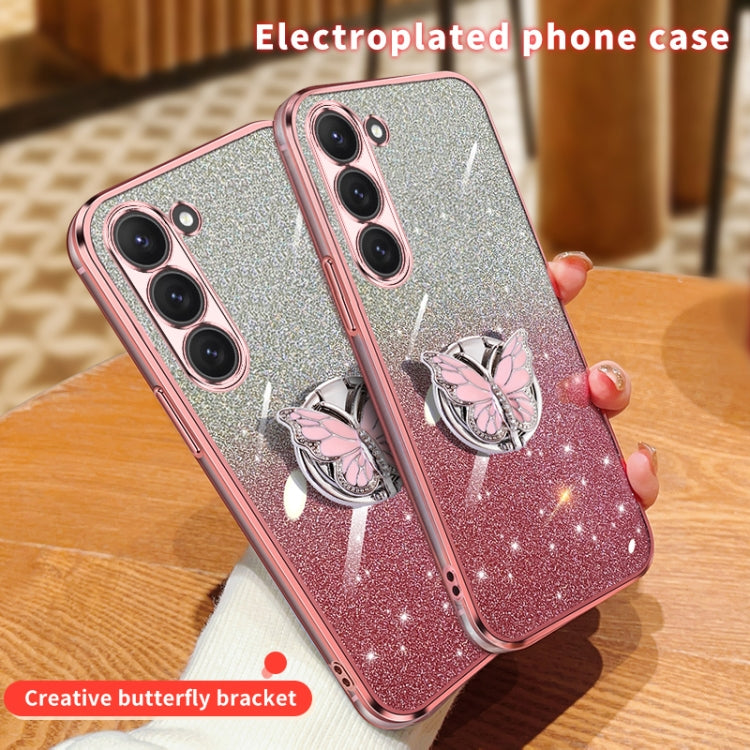 For Samsung Galaxy S23 5G Plated Gradient Glitter Butterfly Holder TPU Phone Case