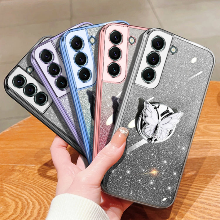 For Samsung Galaxy S22 5G Plated Gradient Glitter Butterfly Holder TPU Phone Case