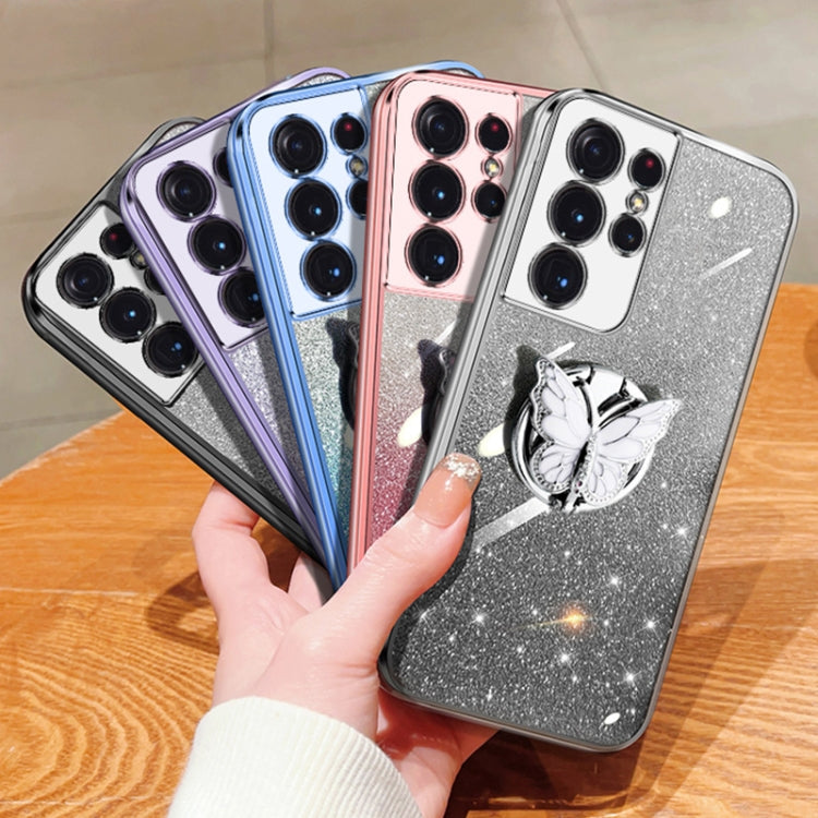 For Samsung Galaxy S21 Ultra 5G Plated Gradient Glitter Butterfly Holder TPU Phone Case