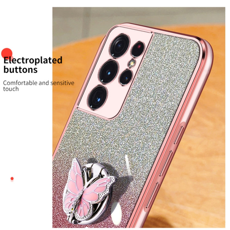 For Samsung Galaxy S21 Ultra 5G Plated Gradient Glitter Butterfly Holder TPU Phone Case