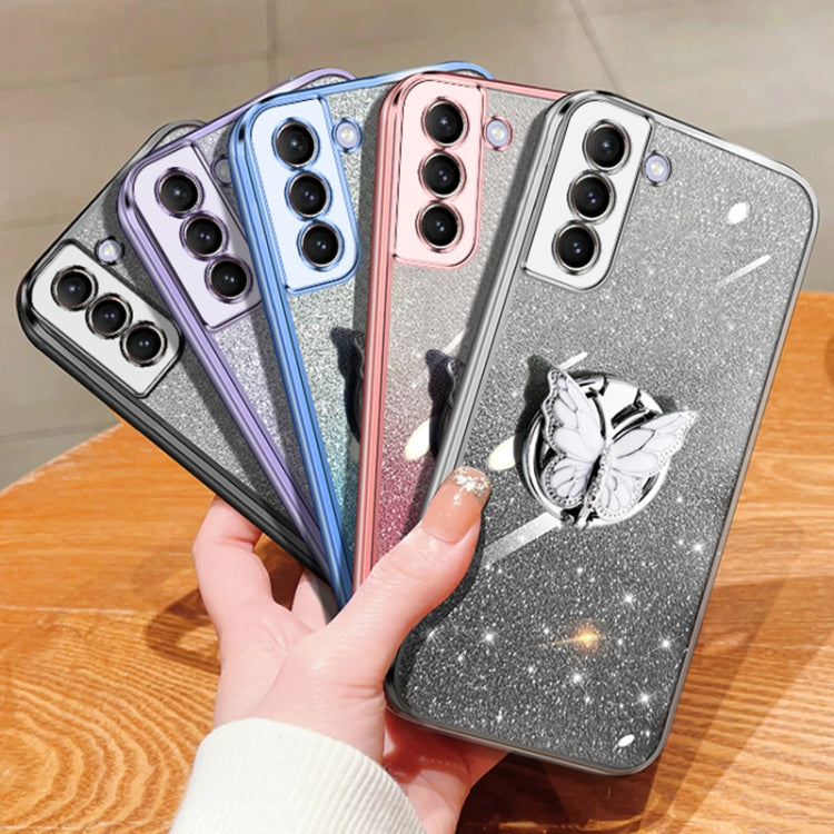 For Samsung Galaxy S21 5G Plated Gradient Glitter Butterfly Holder TPU Phone Case