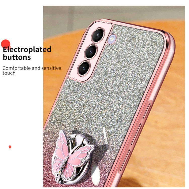 For Samsung Galaxy S21 FE 5G Plated Gradient Glitter Butterfly Holder TPU Phone Case