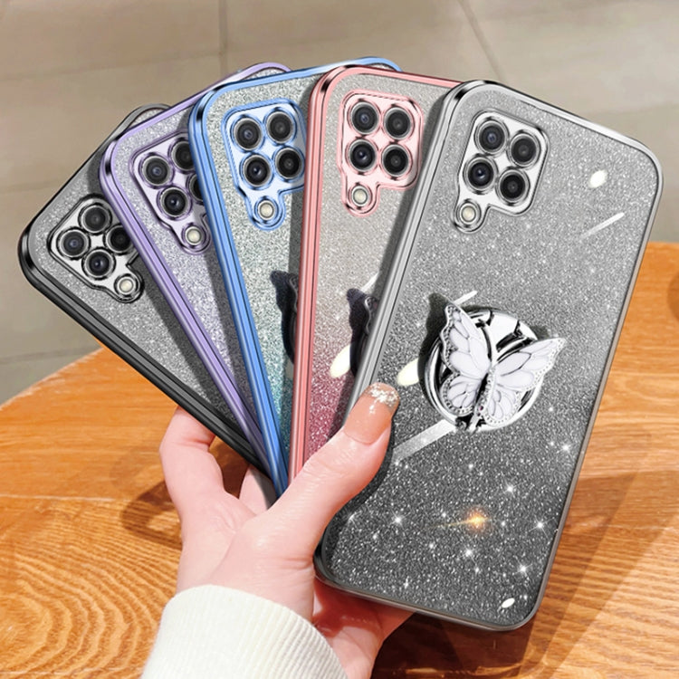 For Samsung Galaxy A22 4G Plated Gradient Glitter Butterfly Holder TPU Phone Case