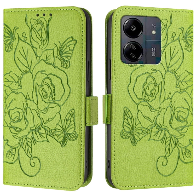 For Redmi 13C 4G Global / Xiaomi Poco C65 Embossed Rose RFID Anti-theft Leather Phone Case