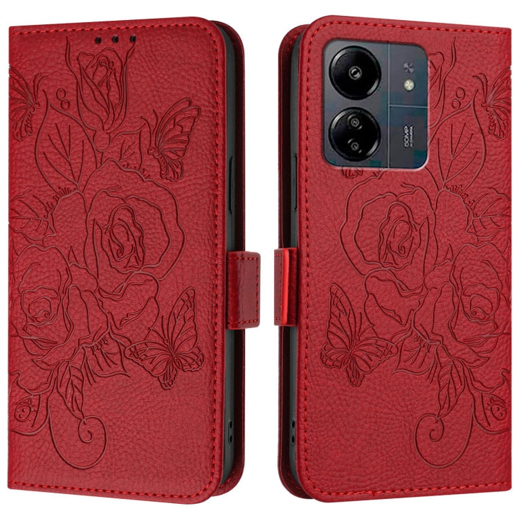 For Redmi 13C 4G Global / Xiaomi Poco C65 Embossed Rose RFID Anti-theft Leather Phone Case