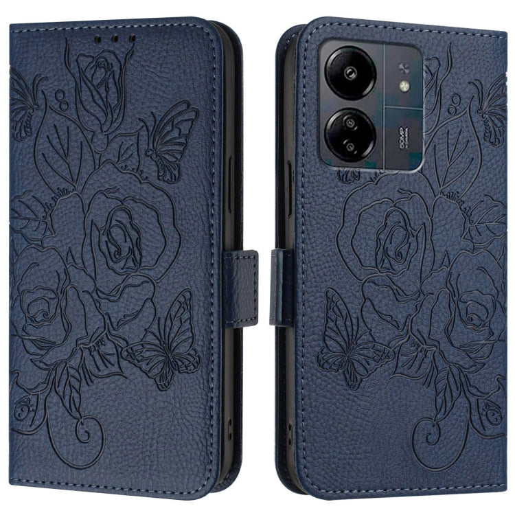 For Redmi 13C 4G Global / Xiaomi Poco C65 Embossed Rose RFID Anti-theft Leather Phone Case