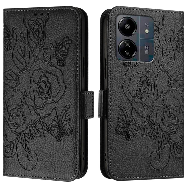 For Redmi 13C 4G Global / Xiaomi Poco C65 Embossed Rose RFID Anti-theft Leather Phone Case