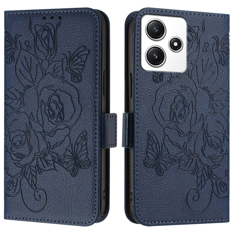 For Redmi 12 5G / 4G Global / Note 12R Embossed Rose RFID Anti-theft Leather Phone Case