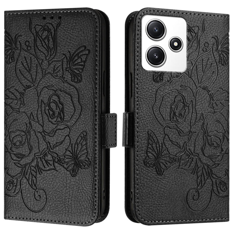 For Redmi 12 5G / 4G Global / Note 12R Embossed Rose RFID Anti-theft Leather Phone Case