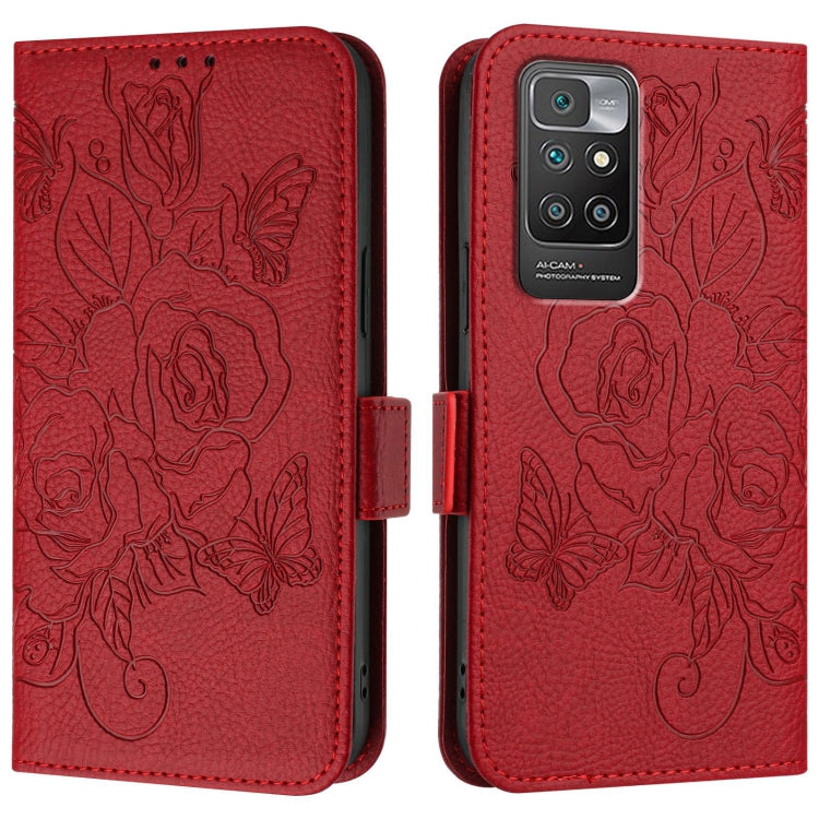 For Redmi 10 4G 2021 / 2022 Global Embossed Rose RFID Anti-theft Leather Phone Case