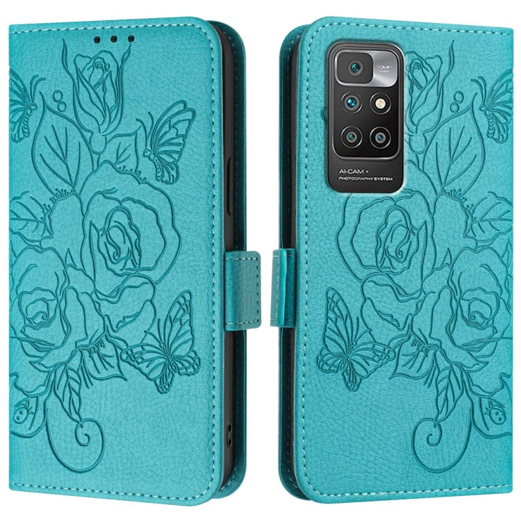 For Redmi 10 4G 2021 / 2022 Global Embossed Rose RFID Anti-theft Leather Phone Case