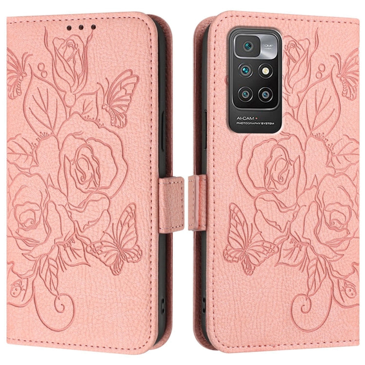For Redmi 10 4G 2021 / 2022 Global Embossed Rose RFID Anti-theft Leather Phone Case