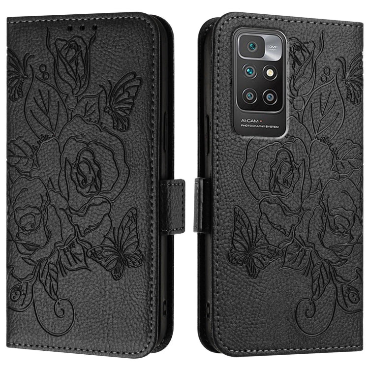 For Redmi 10 4G 2021 / 2022 Global Embossed Rose RFID Anti-theft Leather Phone Case