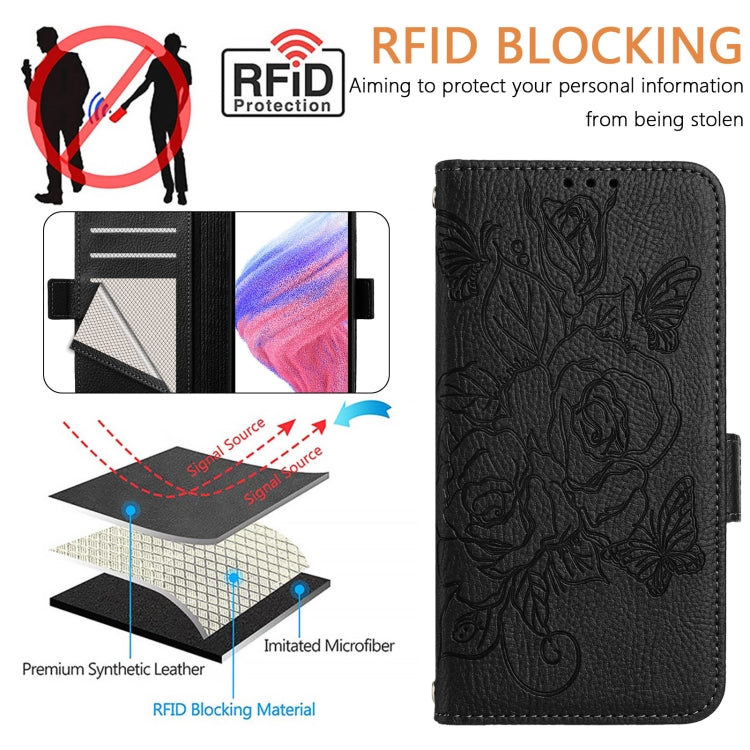 For Redmi Note 10 4G / Note 10S 4G Embossed Rose RFID Anti-theft Leather Phone Case