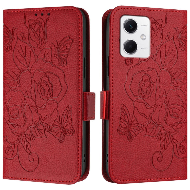 For Redmi Note 12 5G India / Xiaomi Poco X5 Embossed Rose RFID Anti-theft Leather Phone Case
