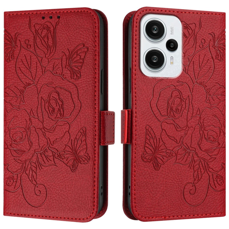 For Redmi Note 12 Turbo 5G / Xiaomi Poco F5 Embossed Rose RFID Anti-theft Leather Phone Case