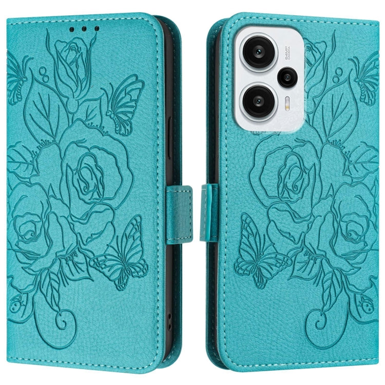 For Redmi Note 12 Turbo 5G / Xiaomi Poco F5 Embossed Rose RFID Anti-theft Leather Phone Case