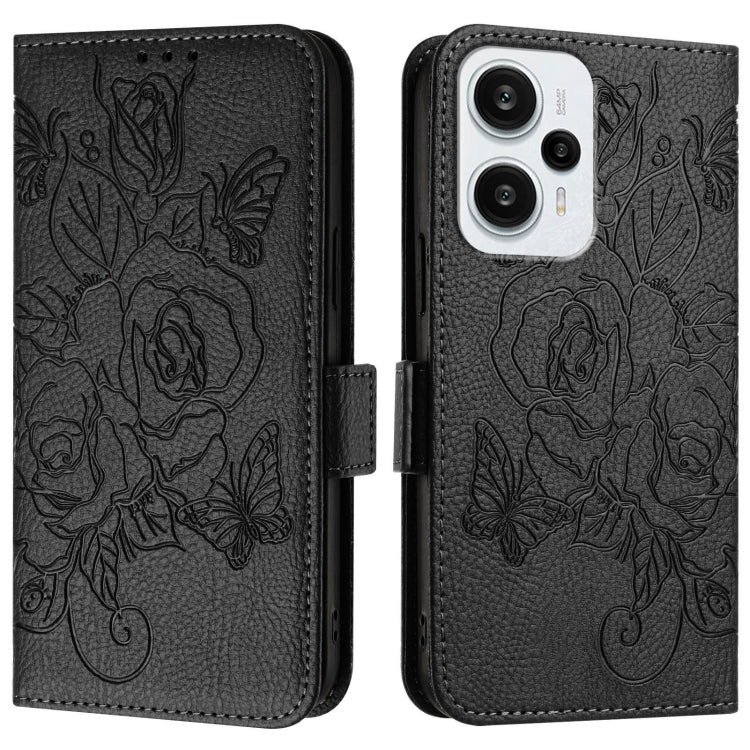 For Redmi Note 12 Turbo 5G / Xiaomi Poco F5 Embossed Rose RFID Anti-theft Leather Phone Case
