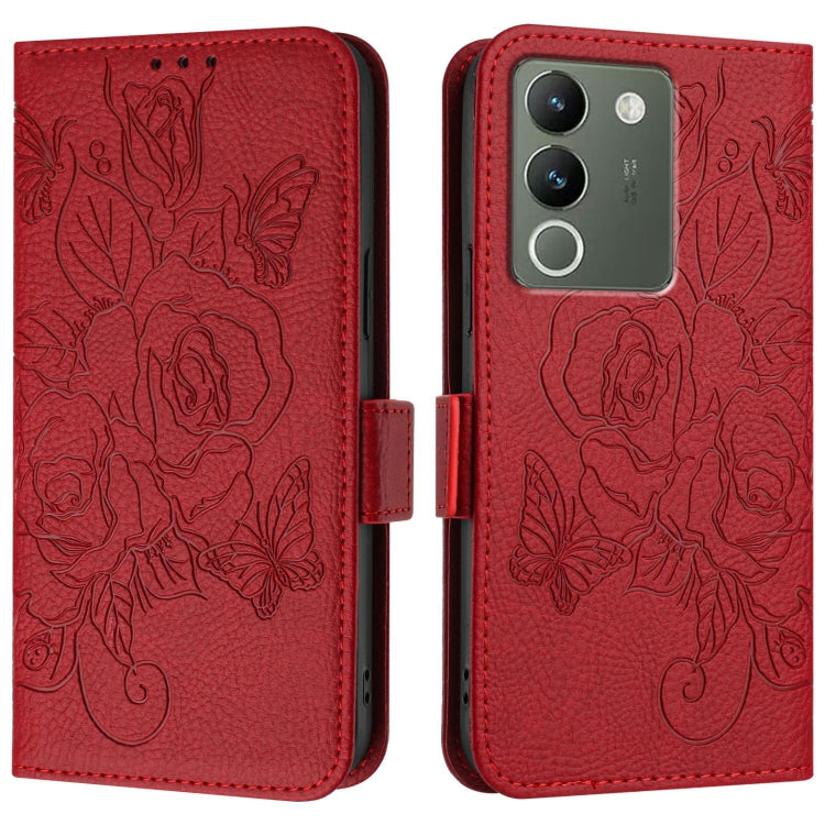 For vivo V29e / Y200 / V30 Lite 5G Global Embossed Rose RFID Anti-theft Leather Phone Case