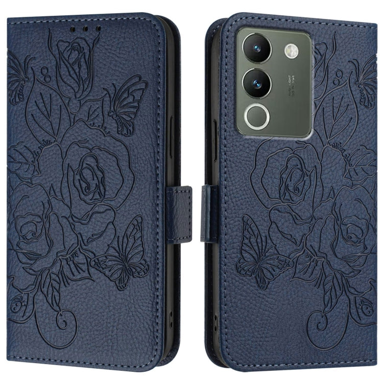 For vivo V29e / Y200 / V30 Lite 5G Global Embossed Rose RFID Anti-theft Leather Phone Case