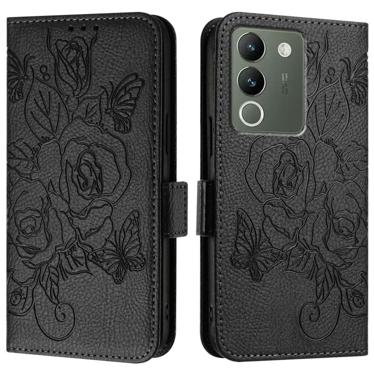 For vivo V29e / Y200 / V30 Lite 5G Global Embossed Rose RFID Anti-theft Leather Phone Case
