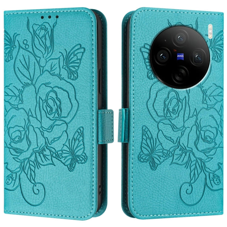 For vivo X100 Pro 5G Embossed Rose RFID Anti-theft Leather Phone Case