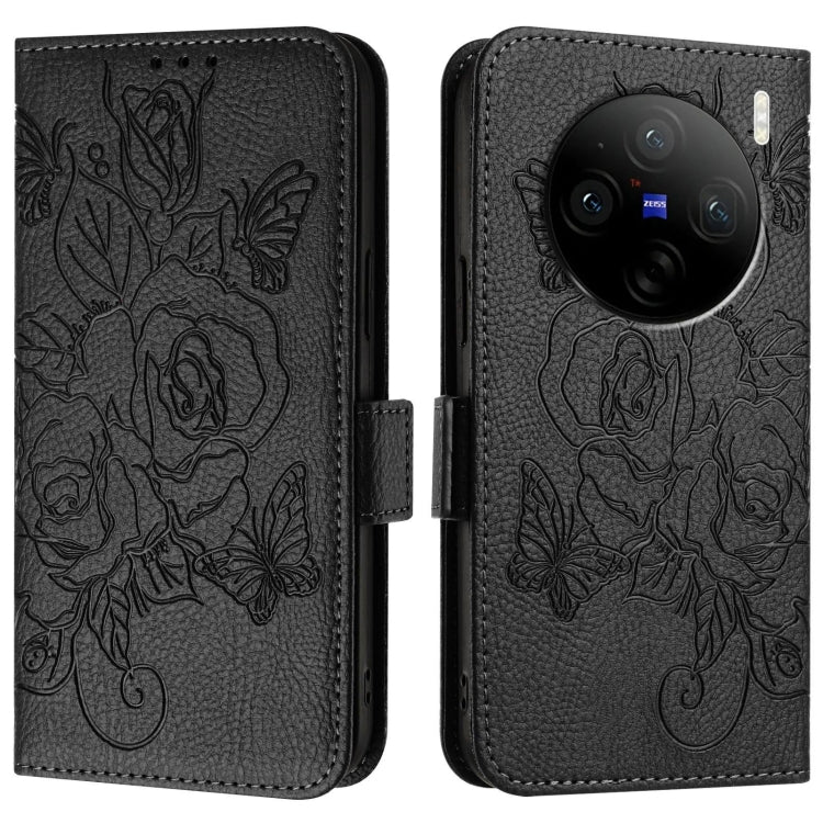 For vivo X100 Pro 5G Embossed Rose RFID Anti-theft Leather Phone Case