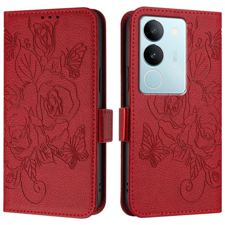 For vivo V29 5G Global / V29 Pro Embossed Rose RFID Anti-theft Leather Phone Case