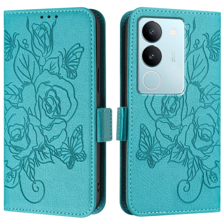 For vivo V29 5G Global / V29 Pro Embossed Rose RFID Anti-theft Leather Phone Case