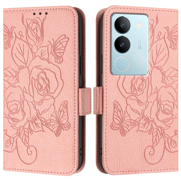 For vivo V29 5G Global / V29 Pro Embossed Rose RFID Anti-theft Leather Phone Case