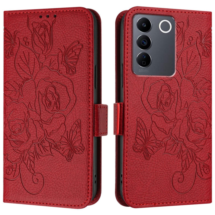 For vivo V27 / V27 5G Pro Global Embossed Rose RFID Anti-theft Leather Phone Case