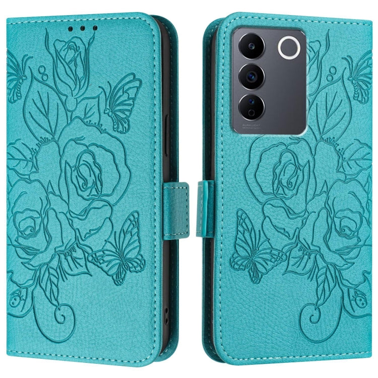 For vivo V27 / V27 5G Pro Global Embossed Rose RFID Anti-theft Leather Phone Case