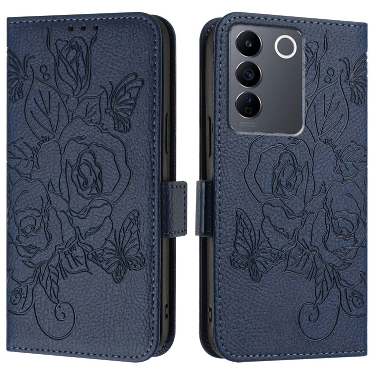For vivo V27 / V27 5G Pro Global Embossed Rose RFID Anti-theft Leather Phone Case