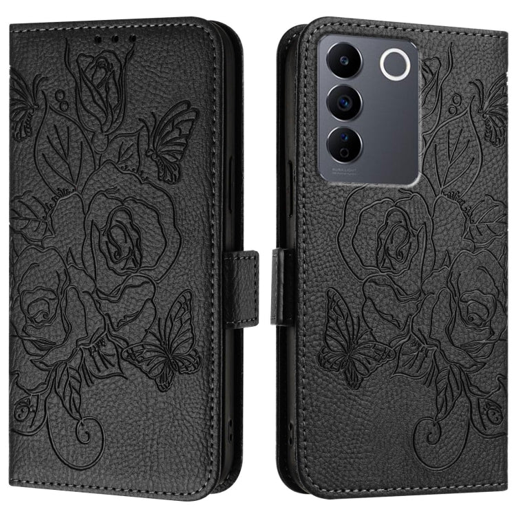For vivo V27 / V27 5G Pro Global Embossed Rose RFID Anti-theft Leather Phone Case