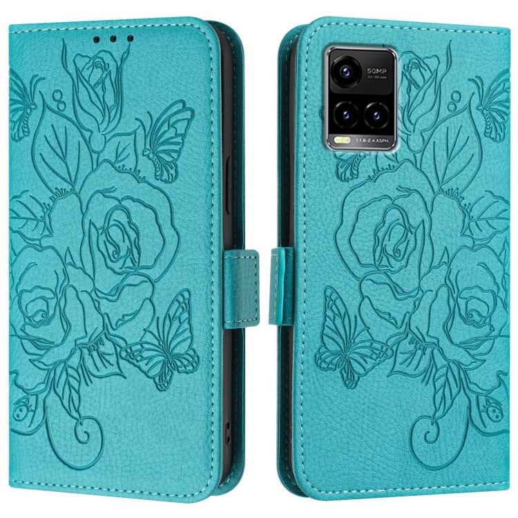 For vivo Y33s 4G Global / Y21 / Y21s / Y21t Embossed Rose RFID Anti-theft Leather Phone Case
