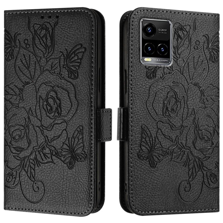For vivo Y33s 4G Global / Y21 / Y21s / Y21t Embossed Rose RFID Anti-theft Leather Phone Case